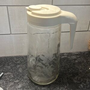 Vintage floral etched glass Tang container with Cream Flip Lid and handle
